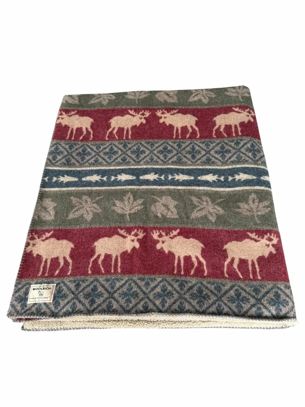 VTG Woolrich Lodge Camp Fair Isle Blanket Sherpa Moose Fish Leaves 57x64 GUC
